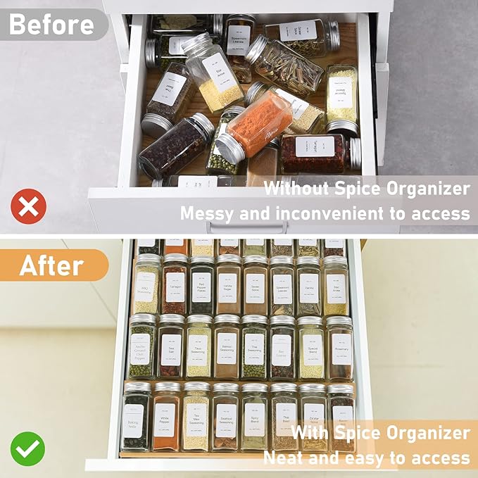 Spice Drawer Organizer with 20 Spice Jars,216 Labels,25 Non-slip Rubber, Bamboo 4 Tier Seasoning Rack Tray Insert for Kitchen Drawers,Cabinets,Countertop,11" Wide x 15.8" Deep-Ruum Studio Home