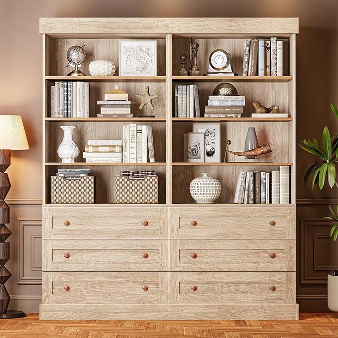 Vyre 71" Tall Farmhouse Bookshelves with Drawers, Set of 2 – Large Modular Bookcase with Adjustable Shelves, Storage Cabinet for Living Room, Kitchen, Home Office, Brown-Ruum Studio Home