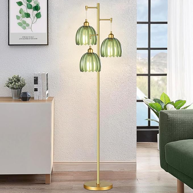 Gold Floor Lamp for Living Room,Bedroom,Mid Century Modern Standing Lamp Brass Tree 3 Light Tall Floor Lamps Vintage Retro Floor Lights Glass Green Flower Lamp Shade Farmhouse Boho Bohemian-Ruum Studio Home