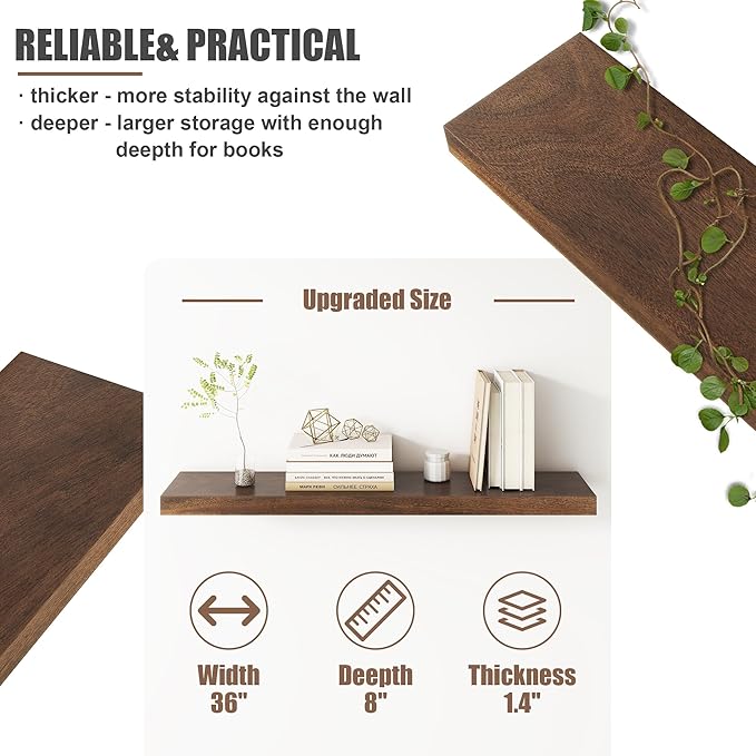 Floating Shelves for Wall, USA-Sourced Walnut Wood 36 Inch Long Wall Shelves Set of 2, Natural Wooden Wall Mounted Picture Ledge Shelf, Nursery Book Storage Shelf Kids Bookshelf, Display Shelf-Ruum Studio Home