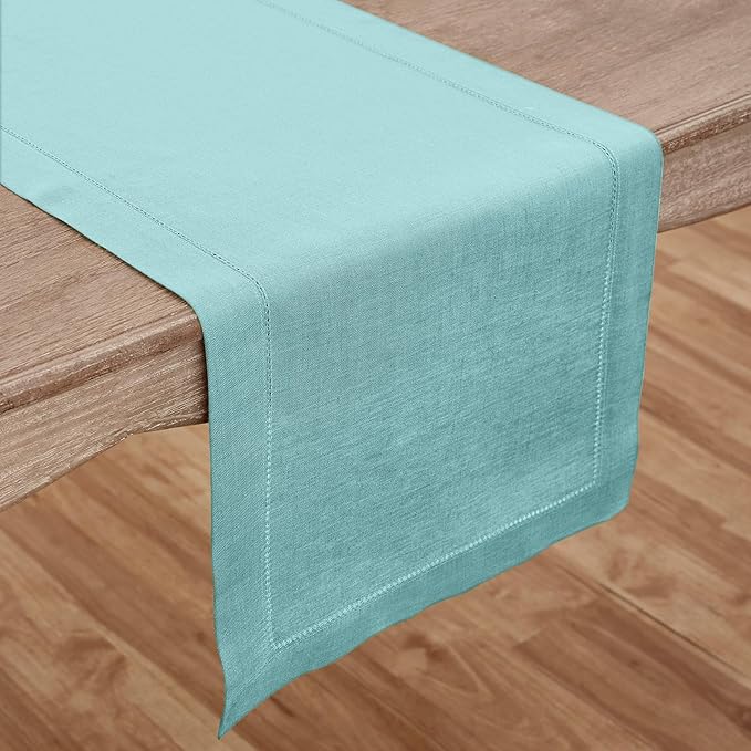 Solino Home Linen Aqua Blue Table Runner 144 Inches Long - 100% Pure Linen Extra Long Table Runner 14 x 144 Inch - Classic Hemstitch-Ruum Studio Home