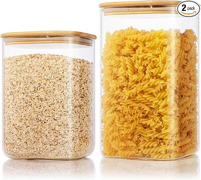 Extra Large Square Glass Flour & Sugar Storage Containers with Airtight Lids, 168 floz & 84 floz - 2 Pack Glass Jars with Bamboo Lids, Air tight Food Storage Containers for Cereal, Pasta, Rice-Ruum Studio Home
