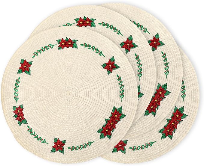 Whaline 4Pcs Round Christmas Flower Placemats Embroidered Xmas Poinsettia Place Mats Decorative Dinner Table Mats for Holiday Party Decor-Ruum Studio Home