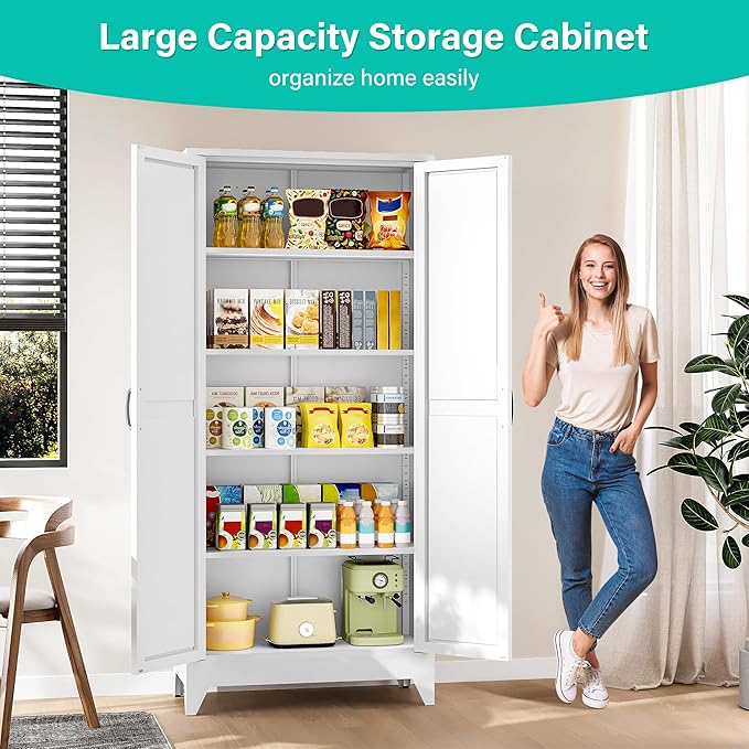 75" Tall Pantry Cabinet,Farmhouse Kitchen Pantry Storage Cabinets with 2 Doors and 5 Shelves,White Metal Storage Cabinet,Large Cupboard for Home,Kitchen,Dining/Living Room-Ruum Studio Home