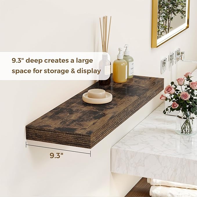 Dreamland 32 Inches Floating Shelves for Wall, 9.3" Deep Long Floating Shelves Set of 2, Large Display & Storage Shelf, Wall Shelf for Bathroom Bedroom Living Room Kitchen Office, Rustic Brown-Ruum Studio Home