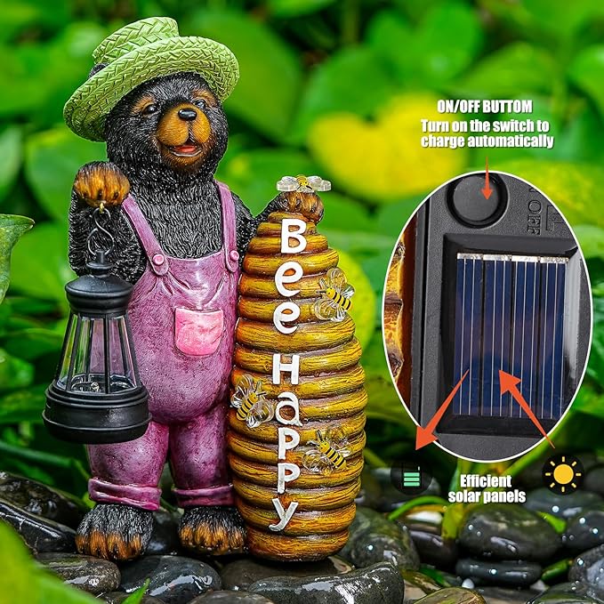 Solar Adorable Bear Garden Statue with Beehive and Lantern - “Bee Happy” Resin Outdoor Decoration for Yard, Patio, or Home Decor-Ruum Studio Home