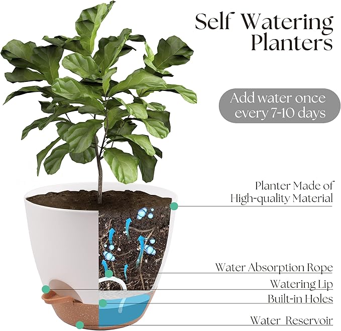 Giraffe Creation Plant Pots Set of 3 (12/10/9 inch), Self-Watering Indoor & Outdoor Flower Planters with Drainage Hole and Reservoir, White-Ruum Studio Home
