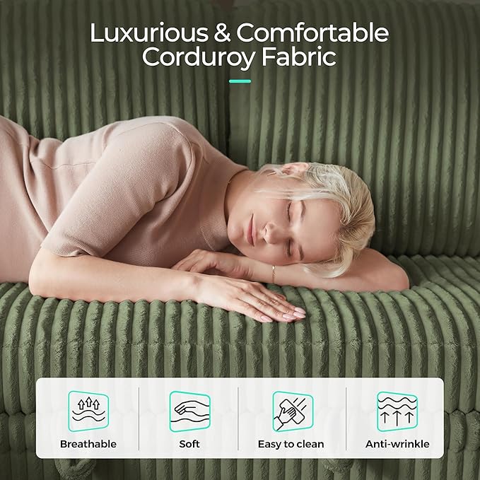 LINSY HOME Sectional Sleeper Sofa with Pull Out Couch Bed Convertible Plush Corduroy Cloud Couch with Storage Chaise & USB Charging, Comfy L Shaped Modular Couches for Living Room Apartment (Green)-Ruum Studio Home