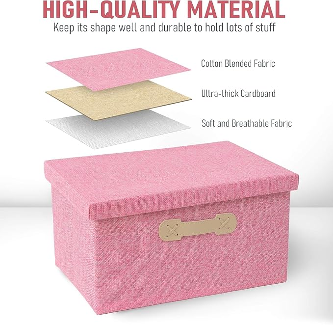 Enzk&Unity Decorative Storage Bins with Lids, Fabric Linen Foldable Storage Box with Handle Home Organizer for Shelf, Closet, Bedroom, Living Room, Office, 3 Packs, Pink-Ruum Studio Home