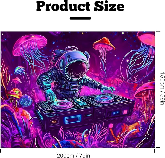 BVBOX Astronaut Space Blacklight Tapestry 79"x59", UV Reactive DJ Astronaut Jellyfish Universe Galaxy Planet Glow in Dark Music Tapestries, Black Light Neon Upright Poster Wall Hanging Backdrop Decor for Bedroom Living Room-Ruum Studio Home