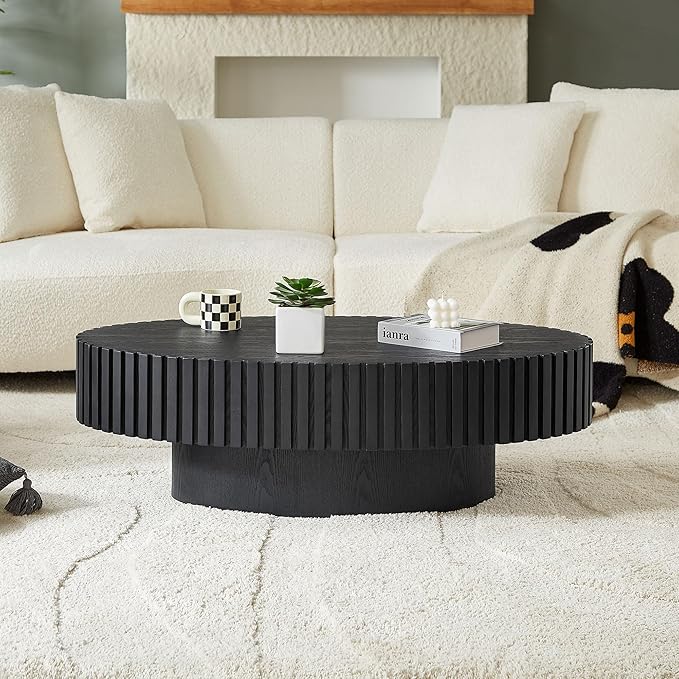 Oval Coffee Table for Living Room, Modern Fluted Coffee Tables with Pedestal Base, Handcrafted Centre Tea Tables Easy Assembly-43.7" Black-Ruum Studio Home