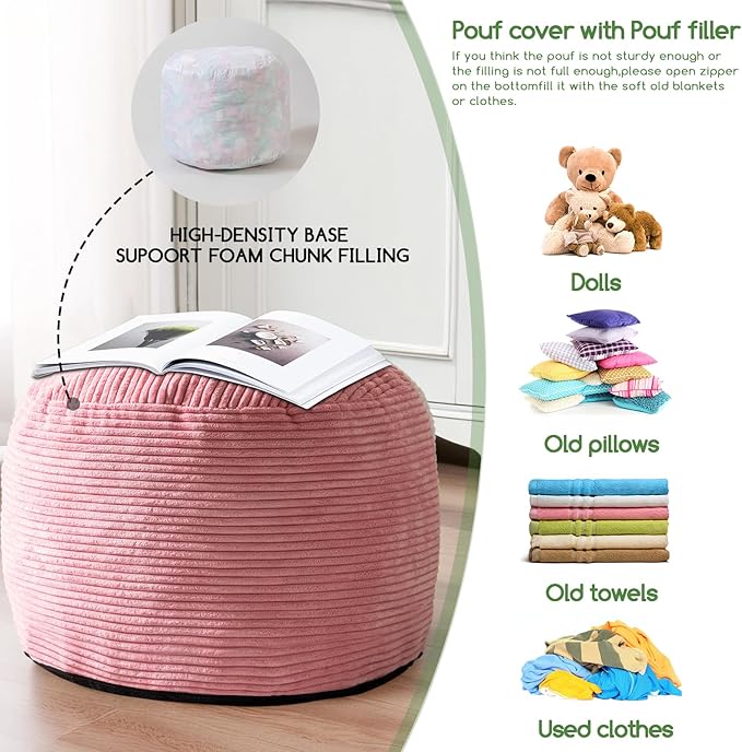 HIGOGOGO Round Stuffed Pouf Ottoman, Corduroy Poufs with Foam Chunk Filling, Furry and Fluffy Pouf Foot Stool Storage Ottoman, 26 X 18 Floor Poufs Foot Rest for Living Room, Pink-Ruum Studio Home