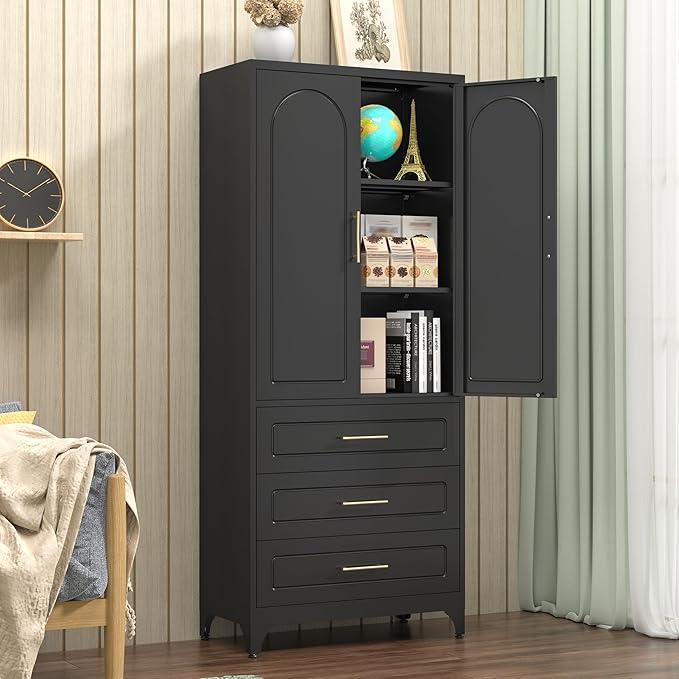 Kitchen Pantry Cabinet, 75" Tall Pantry Cabinet with Three Drawers, Freestanding Food Cupboard with Doors and Shelves, Metal Storage Cabinets for Dining, Living Room, Black, Assembly Required-Ruum Studio Home
