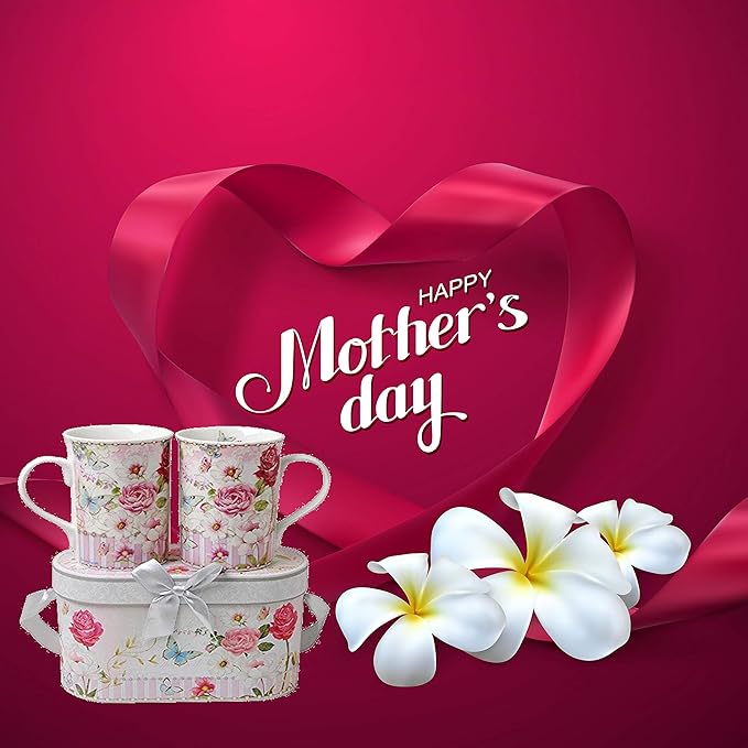 Lightahead Elegent Bone China 2 Coffee Tea Mugs set floral Design in attractive gift box 11 oz each-Ruum Studio Home
