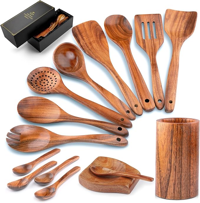 Zulay Kitchen 15-Piece Teak Wooden Utensils for Cooking - Natural Teak Utensil Set with Premium Gift Box - Non-Stick Wooden Spoons for Cooking - Kitchen Gift Set - Comfortable Grip Wooden Utensil Set-Ruum Studio Home