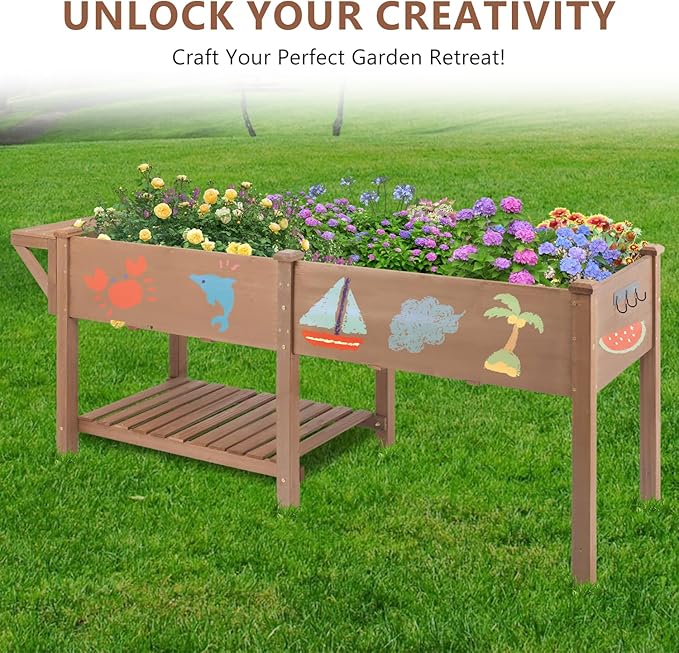 Raised Garden Bed with Legs Outdoor,Elevated Garden Box,Storage Shelf, Protective Liner for Backyard,Patio,Balcony,80x23x30in (Brown)-Ruum Studio Home