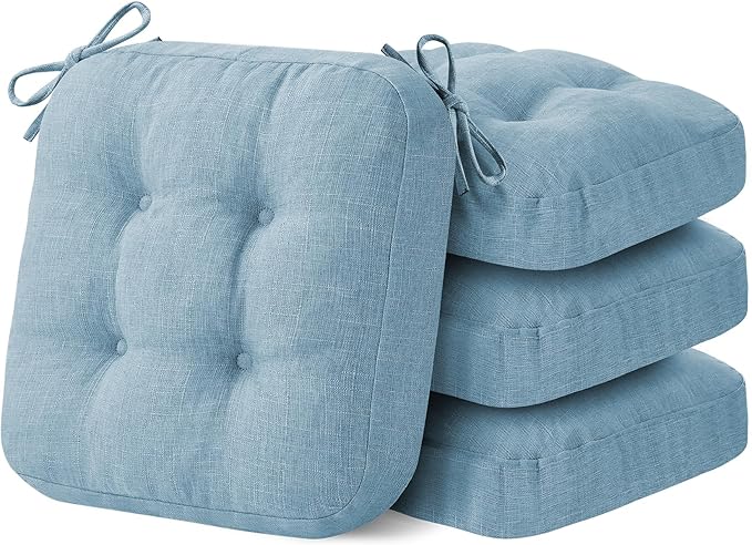 Chair Cushions for Dining Chairs, Dining Chair Cushions, Tufted Indoor Chair Pads with Ties & Non Slip Backing, Seat Cushions for Kitchen Chairs 16.5” x 16.5” x 3.5”, Set of 4, Light Blue-Ruum Studio Home