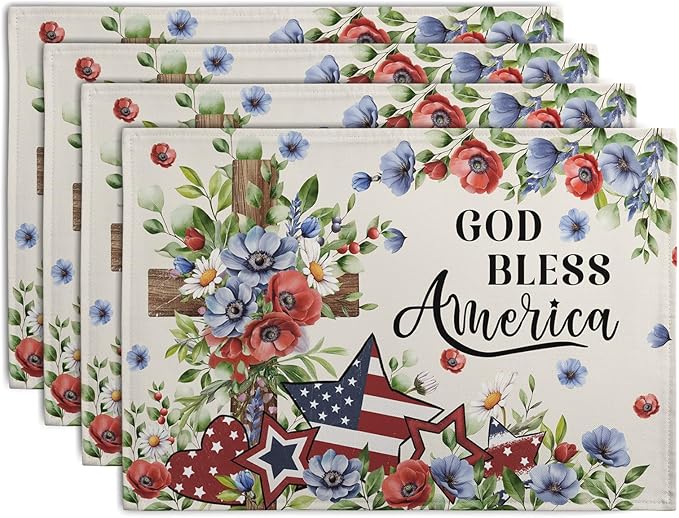 4th of July Placemats Set of 4 Patriotic Floral Cross Stars Independence Memorial Day Place Mats 12x18 Inch God Bless America Linen Fabric Table Mats for Party Kitchen Dining Decoration-Ruum Studio Home