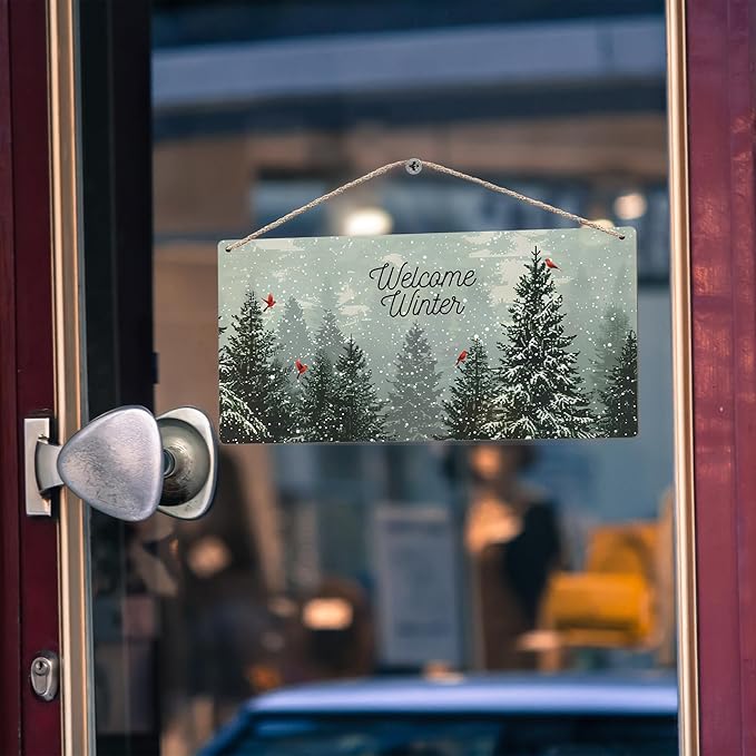 Welcome Winter Hanging Wooden Signs 12x6, Pine Tree Decor, Winter Door Decorations, Winter Door Sign, Snowflake Pine Trees Birds Home Room Office Hanging Wall Decor-Ruum Studio Home