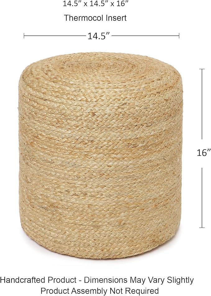 REDEARTH · Cylindrical Pouf Ottoman - Braided Pouffe Accent Sitting Round Footrest for Living Room, Bedroom, Nursery, kidsroom, Patio, Gym; 100% Jute (14.5"X14.5"X16"; Natural)-Ruum Studio Home
