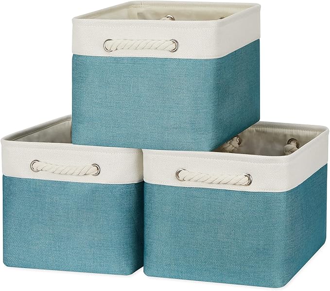 Bidtakay Basket Storage Bins with Handles Fabric Large Storage Baskets for Organizing Set of 3 Collapsible Rectangular Basket for Shelves Closet Organizer 15 X 11 X 9.5 Inches(White&Teal Blue)-Ruum Studio Home