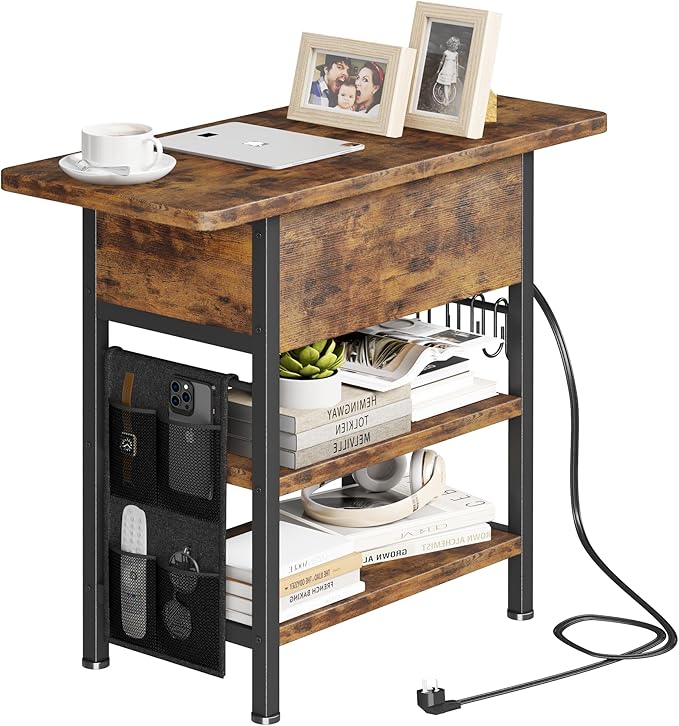 End Table with Charging Station, Flip Top Nightstand with USB Ports and Outlets, Couch Side Table with Fabric Bag and Hooks, Bedside Table for Space Saving, Living Room, Bedroom (Rustic Brown)-Ruum Studio Home