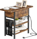 End Table with Charging Station, Flip Top Nightstand with USB Ports and Outlets, Couch Side Table with Fabric Bag and Hooks, Bedside Table for Space Saving, Living Room, Bedroom (Rustic Brown)-Ruum Studio Home