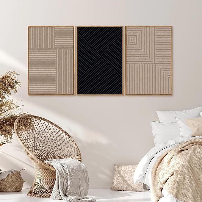 Tinonedraw Mid Century Modern Framed Canvas Wall Art Set of 3, Neutral Abstract Art Prints, Black and Brown Geometric Minimalist Wall Decor for Living Room Bedroom Office Dining Room 16"x24"x3-Ruum Studio Home