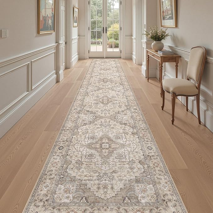Washable 3x20 Runner Rug - Area Rugs Neutral Vintage Distressed Floral Farmhouse Boho Large Soft Floor Rug Indoor Carpet for Hallway Entryway Home - Brown/Multi-Ruum Studio Home
