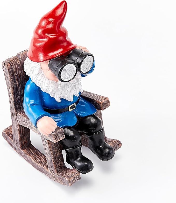 Solar Garden Gnome Statues Resin Gnome Figurines Sitting on Rocking Chair Outdoor Telescope Gnome Gifts for Yard, Patio Decor Gift-Ruum Studio Home