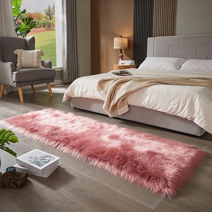 AMTOVO Faux Fur Rug, Blush Pink Ultra Soft Fluffy Shag Sheepskin Rug, 2 x 6 ft Runner Area Rugs for Bedroom Sofa Throw Cushion Room Decor, Rectangle-Ruum Studio Home