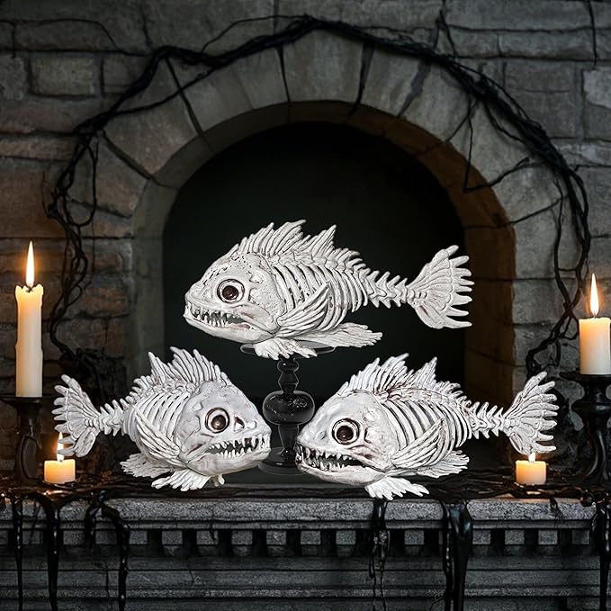 DR.DUDU 3 Pack Skeleton Fish Halloween Decor, Animals Skeleton Decorations Plastic Skull Fish Bones Figure Decor for Outdoor Indoor Bedroom Tank Party Props-Ruum Studio Home