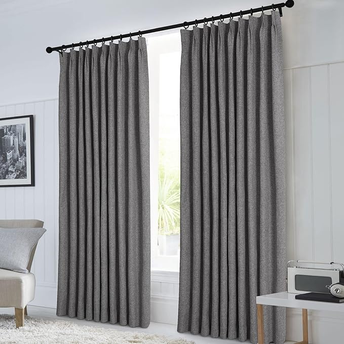 Macochico 100”Wx96”L Pinch Pleated 100% Blackout Linen Curtains Thermal Sliding Curtains for Bedroom Living Room Sliding Glass Door Farmhouse Shabby Chic Natural Grey Drapery with Tieback 1 Panel-Ruum Studio Home
