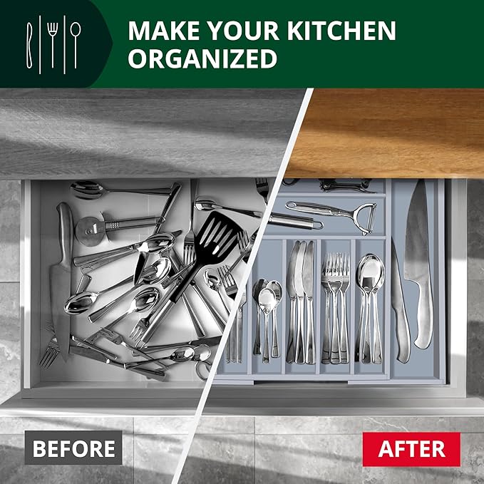 Luxury Bamboo Kitchen Drawer Organizer - Silverware Organizer - Utensil Holder and Cutlery Tray with Grooved Drawer Dividers for Flatware and Kitchen Utensils (9 Slot, Gray)-Ruum Studio Home