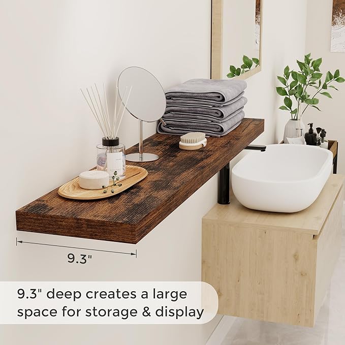 48 Inch Floating Shelves Set of 2, Rustic 48 x 9 Floating Shelf for Wall, 9 Inch Deep Bookshelf Invisible Bracket, Wall-Mounted Deep Shelving for Bedroom, Kicten, Living Room, Rustic Brown Color-Ruum Studio Home