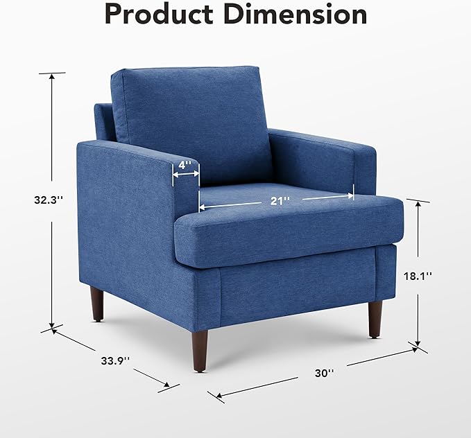 Mid-Century Accent Chair,Modern Linen Fabric Armchair for Living Room,Comfy Upholstered Reading Accent Chairs for Bedroom,Single Sofa Chair with Wood Legs (Blue, 1 Pack)-Ruum Studio Home
