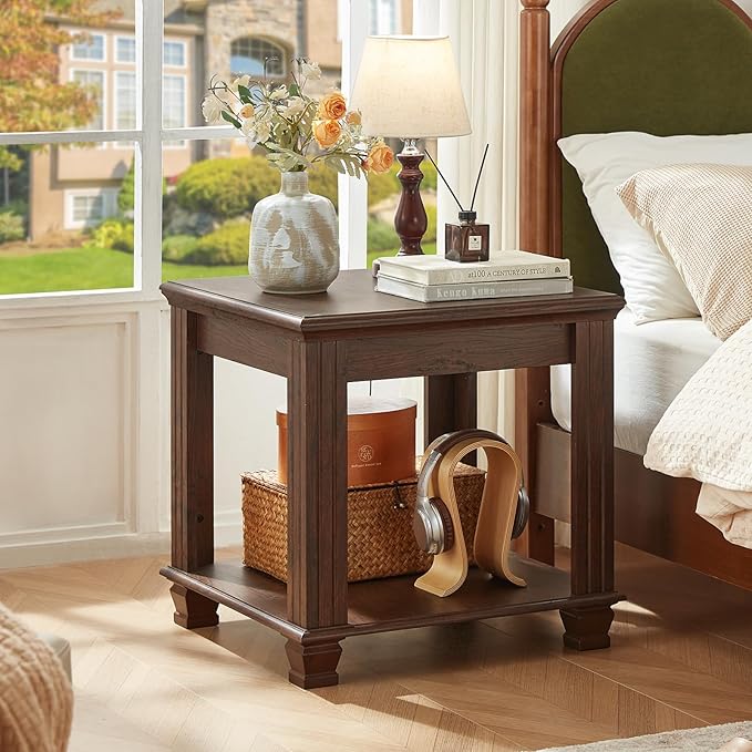 Farmhouse End Table Set of 2,Large Side Table with 2-Tier Storage Shelf,Rustic Brown End Tables for Living Room,Square Tea Table,Walnut-Ruum Studio Home