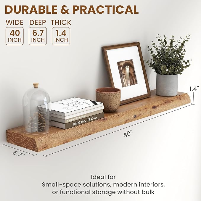 Fun Memories 40" Floating Shelves for Wall, Live Edge Solid Elm Wood Floating Shelf with Invisible Bracket, Wall Mounted Display Wooden Shelves for Bathroom, Kitchen, Bedroom, Natural Color, Set of 1-Ruum Studio Home