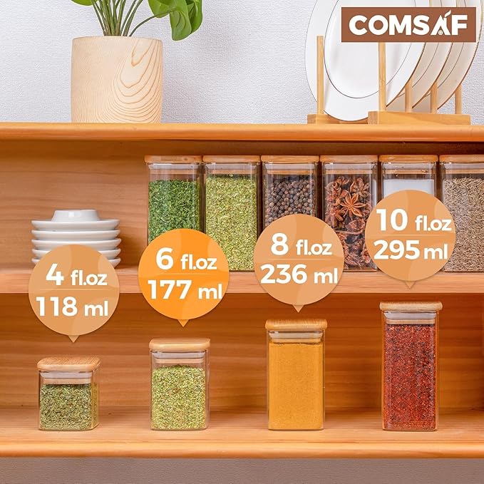 ComSaf 6Pcs 6 oz Spice Jars with Label Trial Set, Glass Spice Jars with Bamboo Lids Supplementary Set, Seasoning Container Trial Pack, Perfect for Ktichen Starter-Ruum Studio Home