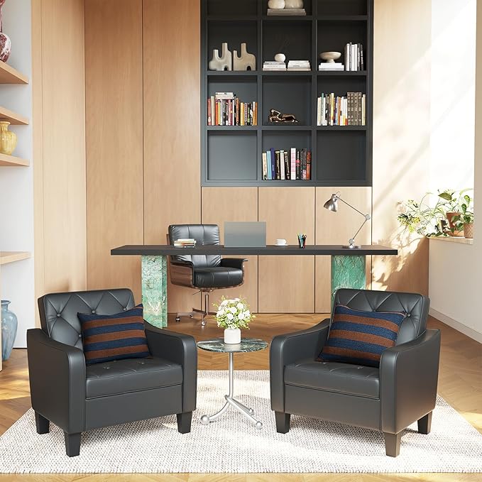 STHOUYN Living Room Chairs Black Leather Accent Chairs Set of 2, Waiting Room Arm Chairs, Reading Chairs for Bedroom Comfy Club Chair Tufted, Office Small Space (2, Black)-Ruum Studio Home