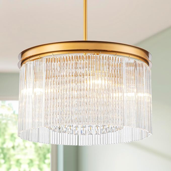 4-Lights Drum Glass Chandelier, Modern Style Light Fixture for Dining Room, Bedroom, Ripple Glass Shade & Brass Finish, D16.5 * H18~48 inch (Adjustable Height)-Ruum Studio Home