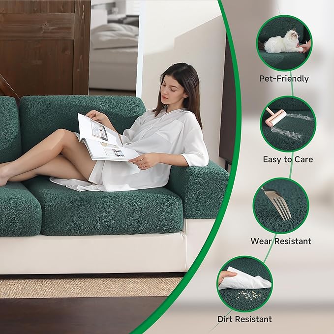 Couch Cushion Covers for Sectional Sofa, Stretch Soft Sofa Slipcovers Washable Wear-Resistant Universal Furniture Protector for Living Room(3 Seaters Covers+1 Chaise Cover, Green)-Ruum Studio Home