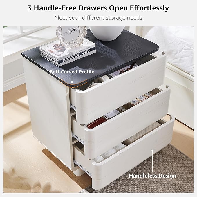 JXQTLINGMU 22" Modern Nightstand with Charging Station, Large Push-to-Open End Table, Wood Bedside Table w/Curved Profile Design, Handleless 3 Drawer Night Stand for Bedroom, Living Room, Off White-Ruum Studio Home