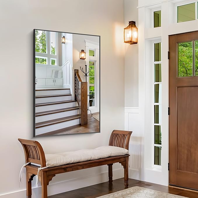 Bathroom Black Mirror, 36x55in Black Rectangle Mirror with Thin Metal Frame, Large Rectangular Wall Mirror for Bathroom, Living Room, Hair Salon, Big Farmhouse Mirror Hang Horizontal/Vertical-Ruum Studio Home