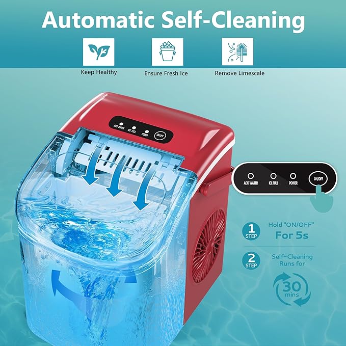 EUHOMY Countertop Ice Maker Machine with Handle, 26lbs Per Day, 9 Ice Cubes Ready in 6 Mins, Auto-Cleaning Portable Ice Maker with Basket and Scoop, for Home/Kitchen/Camping/RV (Red)-Ruum Studio Home