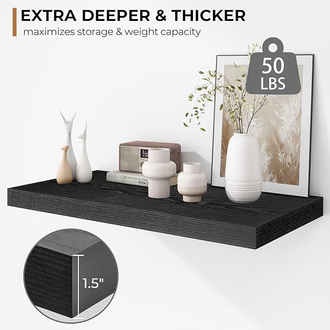Fun Memories Floating Shelves - 2 Pack 12 Inch Rustic Wooden Wall Shelves - Extra Deeper & Thicker Wall Mounted Storage Shelf for Living Room, Kitchen, Farmhouse - 24" W x 12" D x 1.5"H - Rustic Black-Ruum Studio Home