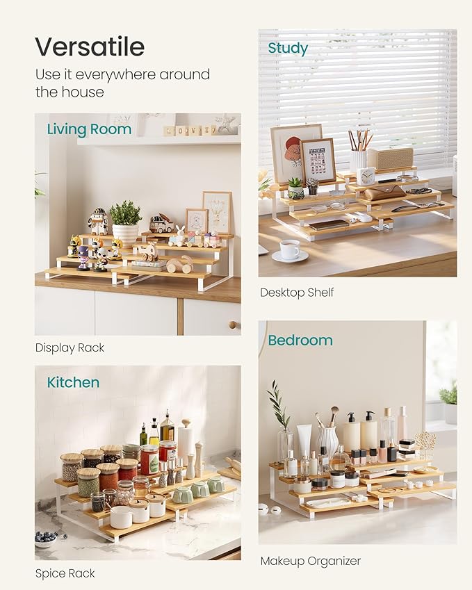 SONGMICS Display Risers, Set of 2 Engineered Wood Perfume Organizer Stand, 4-Tier Cupcake Stand Holder, Spice Rack, Shelf Risers for Figures, Dessert Shelves, Natural Beige and Cloud White UKCS216N02-Ruum Studio Home