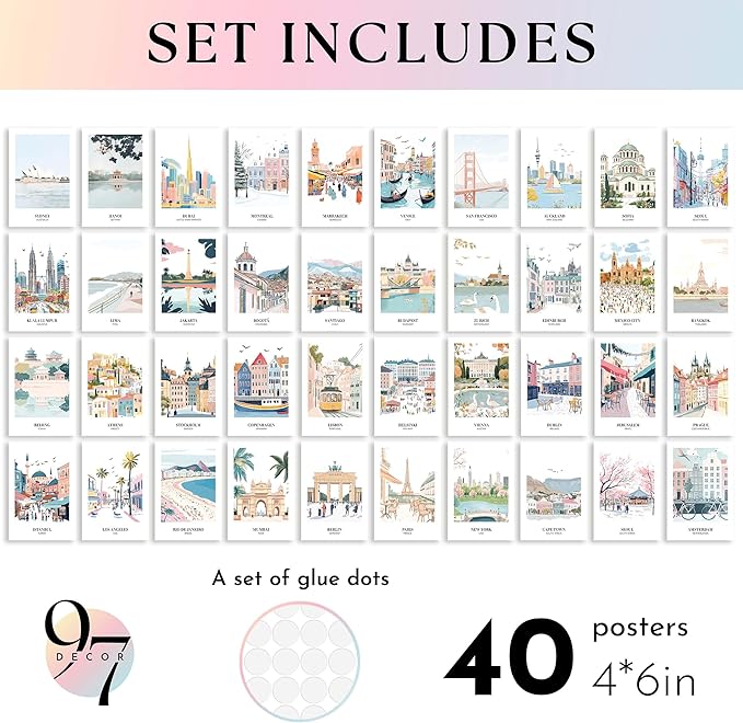 97 DECOR Vintage Travel Decor Posters - World Travel Wall Art Prints, Retro Popular Cities Photo Collage Kit, Trendy City Landscape Aesthetic Pictures for Teen Dorm Bedroom Decorations (40 Pcs, 4"x6")-Ruum Studio Home