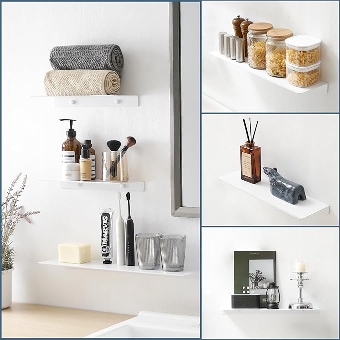 JOOM Small Metal Wall Floating Shelf - Metal Wall Shelf, Black Floating Shelf, Small Bathroom Shelf, Display Shelves for Storage (White, 8 Inch)-Ruum Studio Home