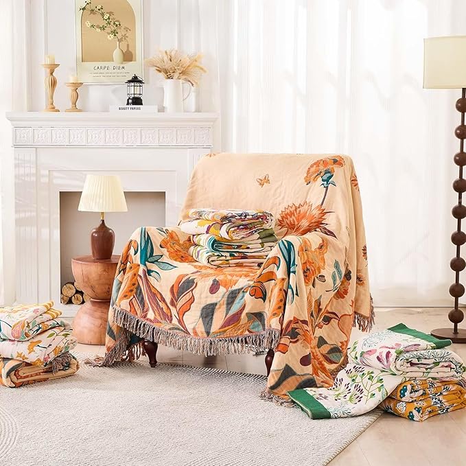 Boho Throw Blanket for Bed, 100% Cotton Soft Rustic Quilt Fall Blanket, 50"x60" Yellow Floral Printed Farmhouse Decor Bed Blankets, All Season Rustic Reversible Bohemian Throw Quilt-Ruum Studio Home